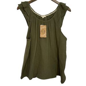 Mason & Belle Gauze Tank Top Womens Large Olive Green Flowy Ruffle
